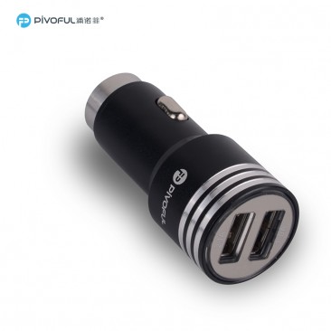 Pivoful Premium quality dual ports USB car charger 12V / 24V compatible with iPhone 6/ 6s / 6plus, Sumsung, iPad, iPod, Tablets (Black)